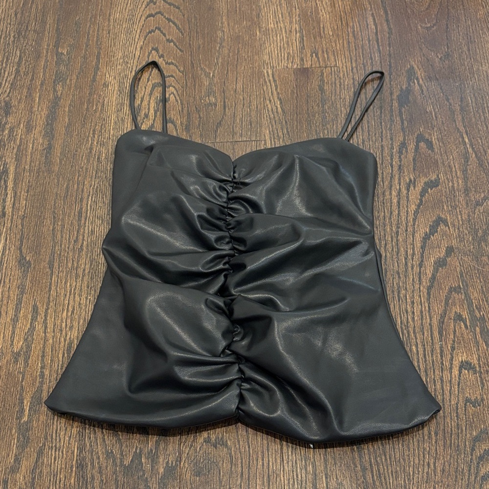 Olivaceous Womenโs Black Faux Leather Ruched Spaghetti Strap Cami Size Small
